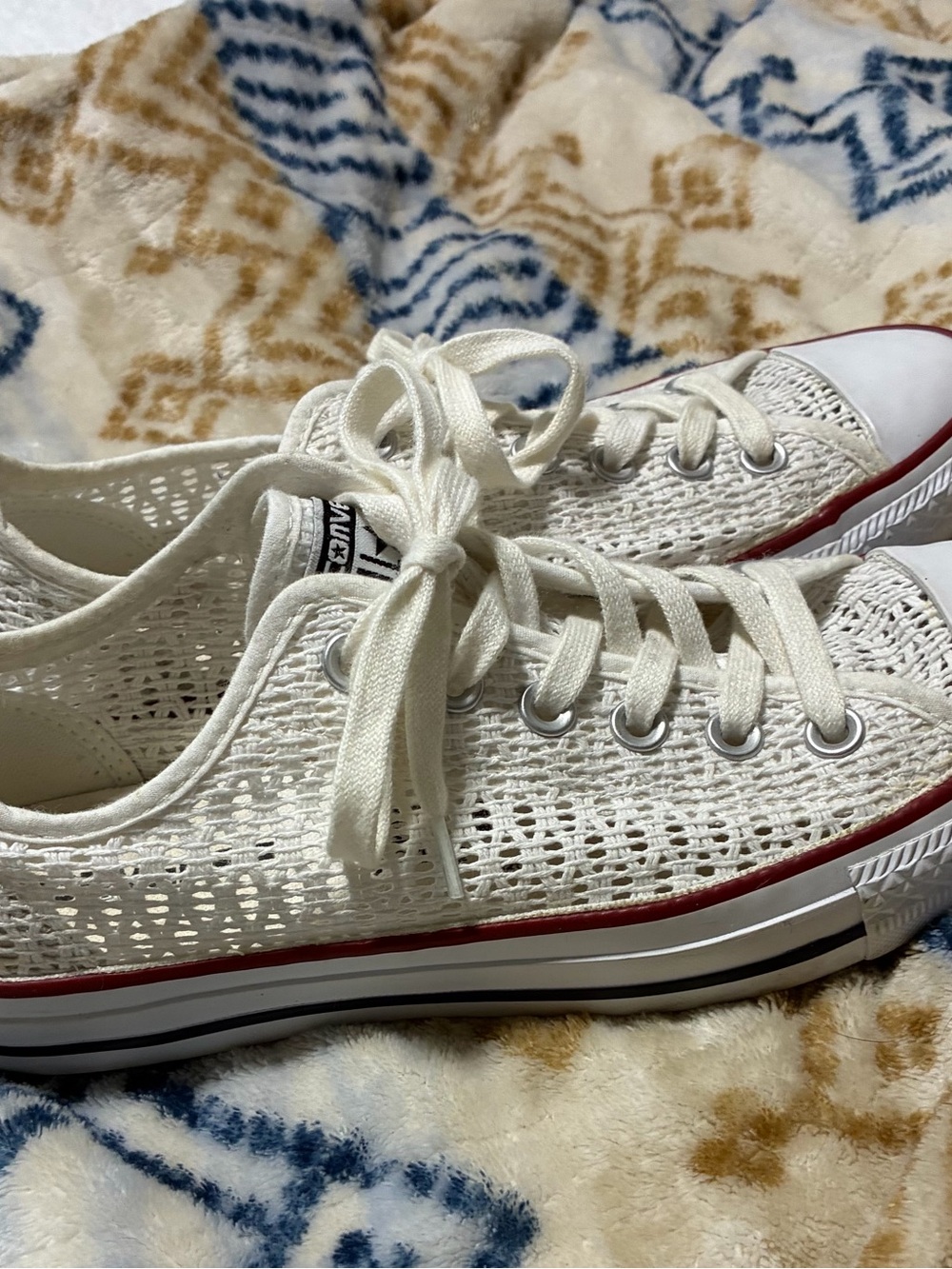 Converse White Crochet Low Top Sneakers with Red Trim